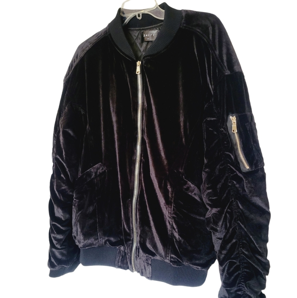 NWT Black Velvet Ruched Sleeve Bomber Jacket - Picture 3 of 13